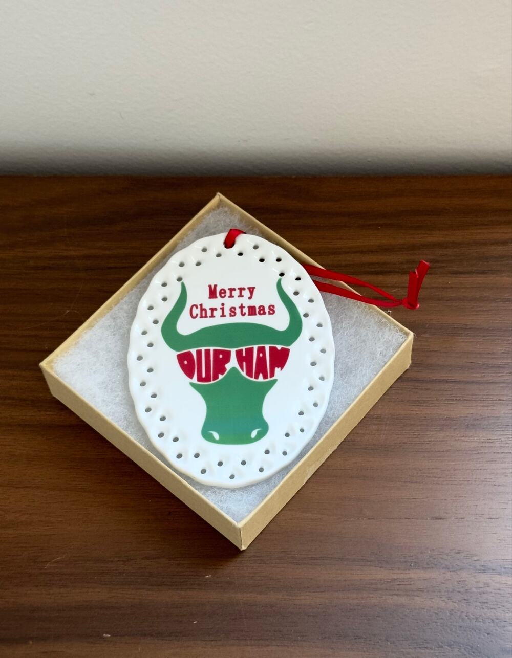 Durham Bull, Merry Christmas Ceramic Ornament Durham NC Holiday Ornament